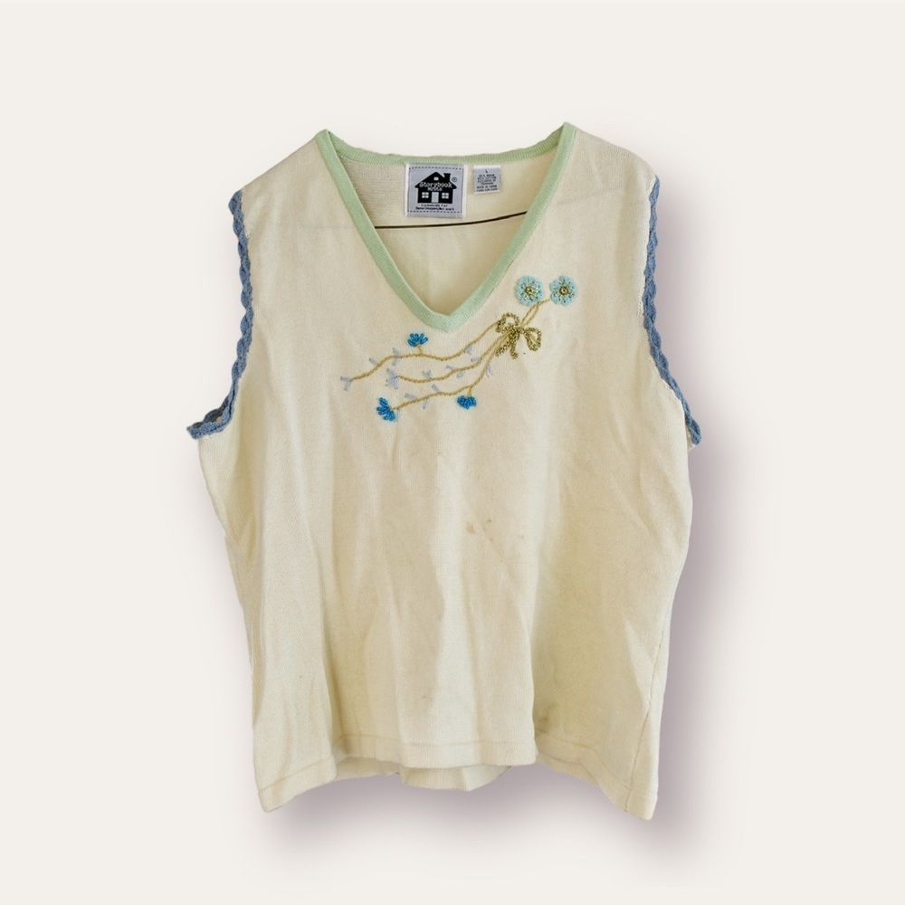 Storybook Knits Vintage Sweater Vest with Floral Detail and Crochet Trim